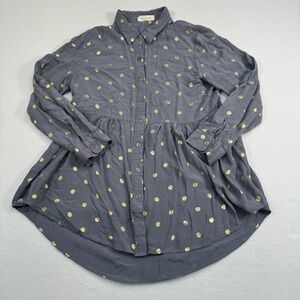 Solitaire Long Sleeve Baby Doll Button Down Top Womens Size M Blue Metallic Gold